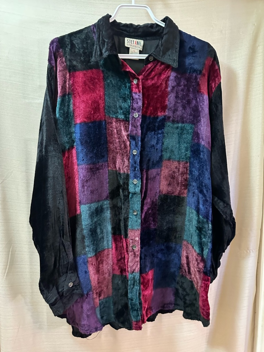Stefano International Vintage 90s Velvet Patchwork Button Shirt L Rayon